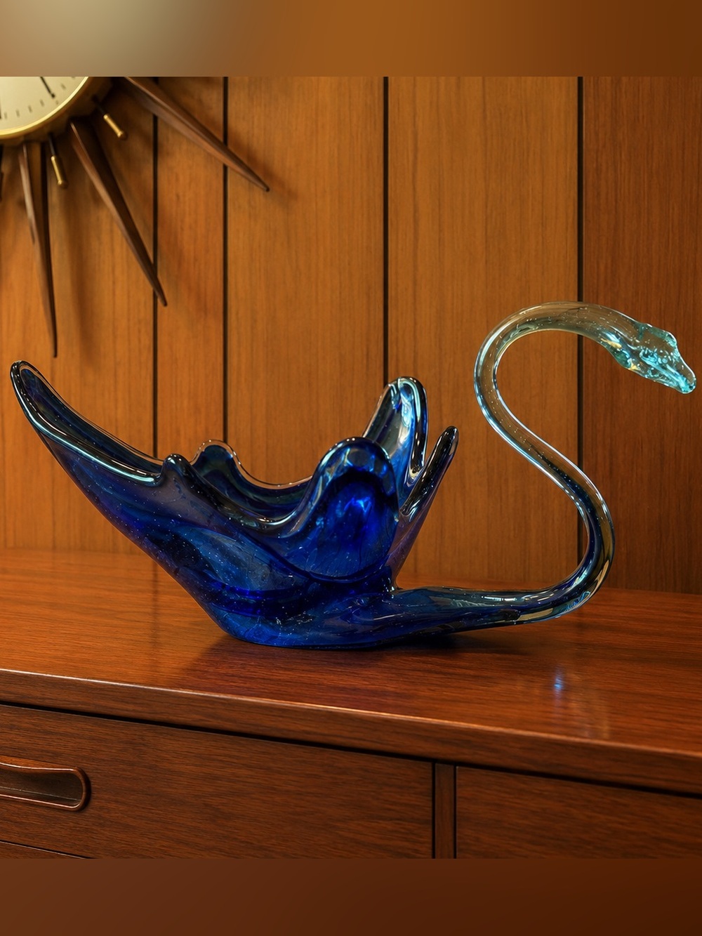Vintage Hand Blown Blue Art Glass Swan Bowl Murano Style MCM Cobalt Centerpiece